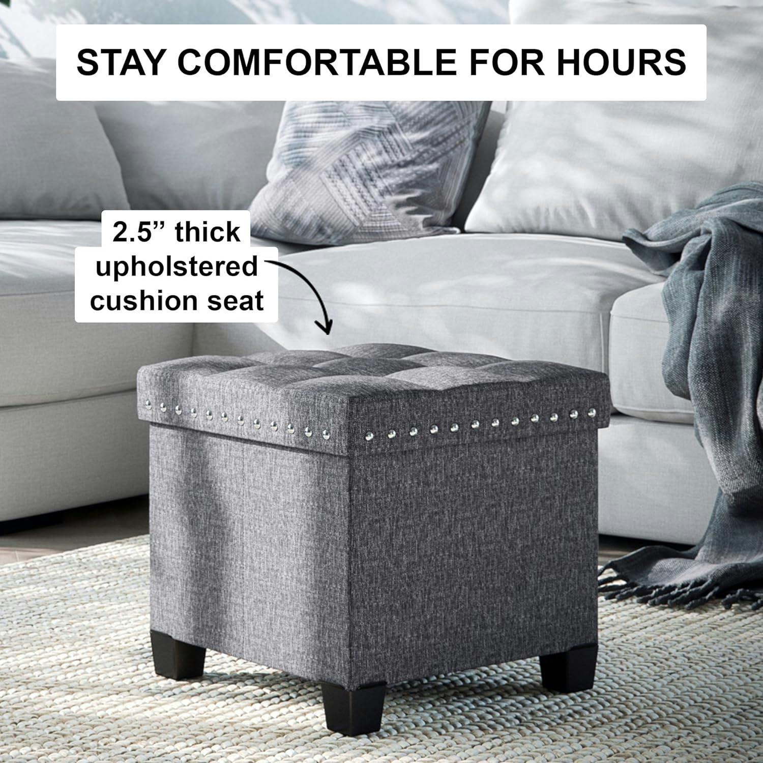 Payton Gray Fabric Tufted Cube Storage Ottoman with Nailhead Accents