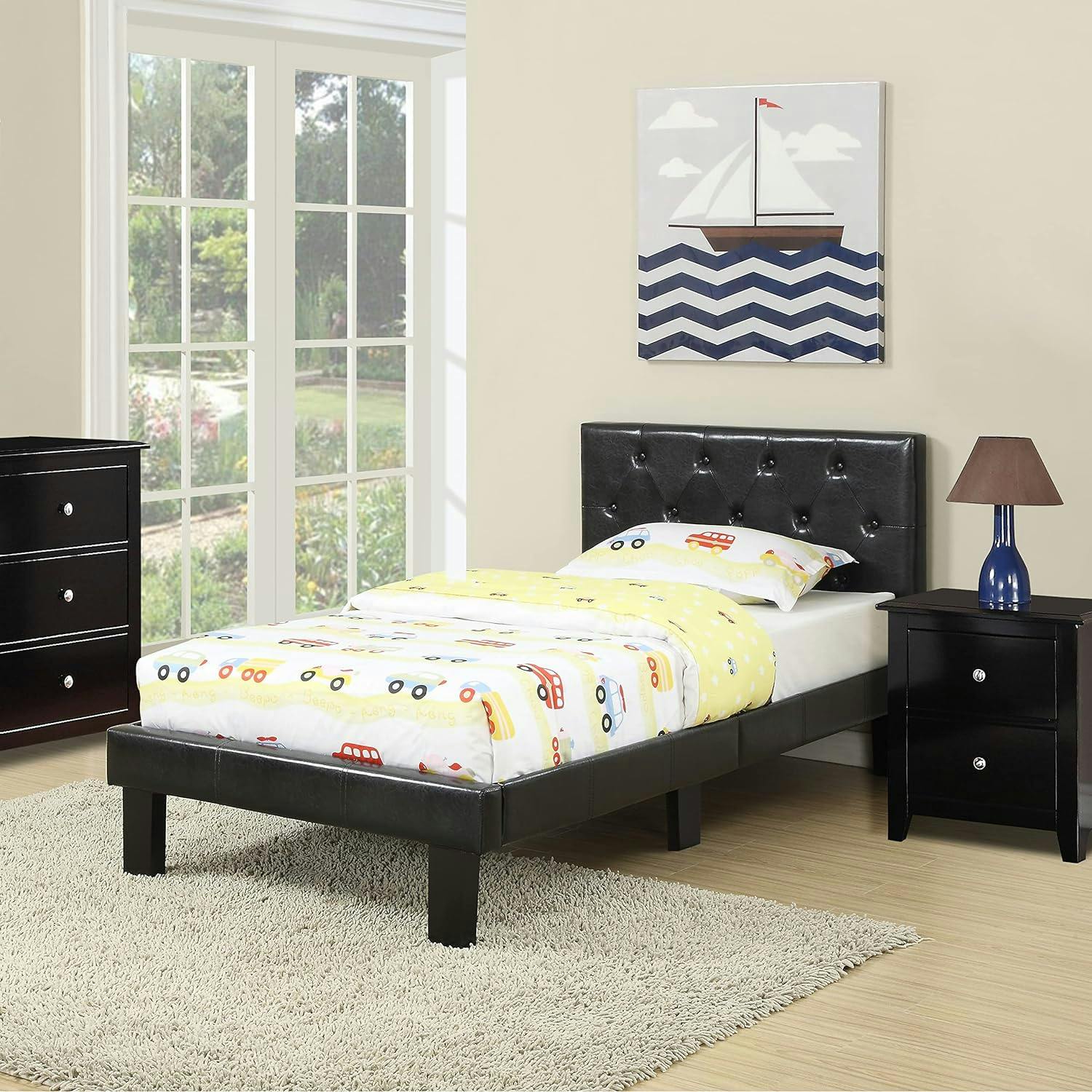 Sleek Twin Black Faux Leather Upholstered Bed with Tufted Headboard