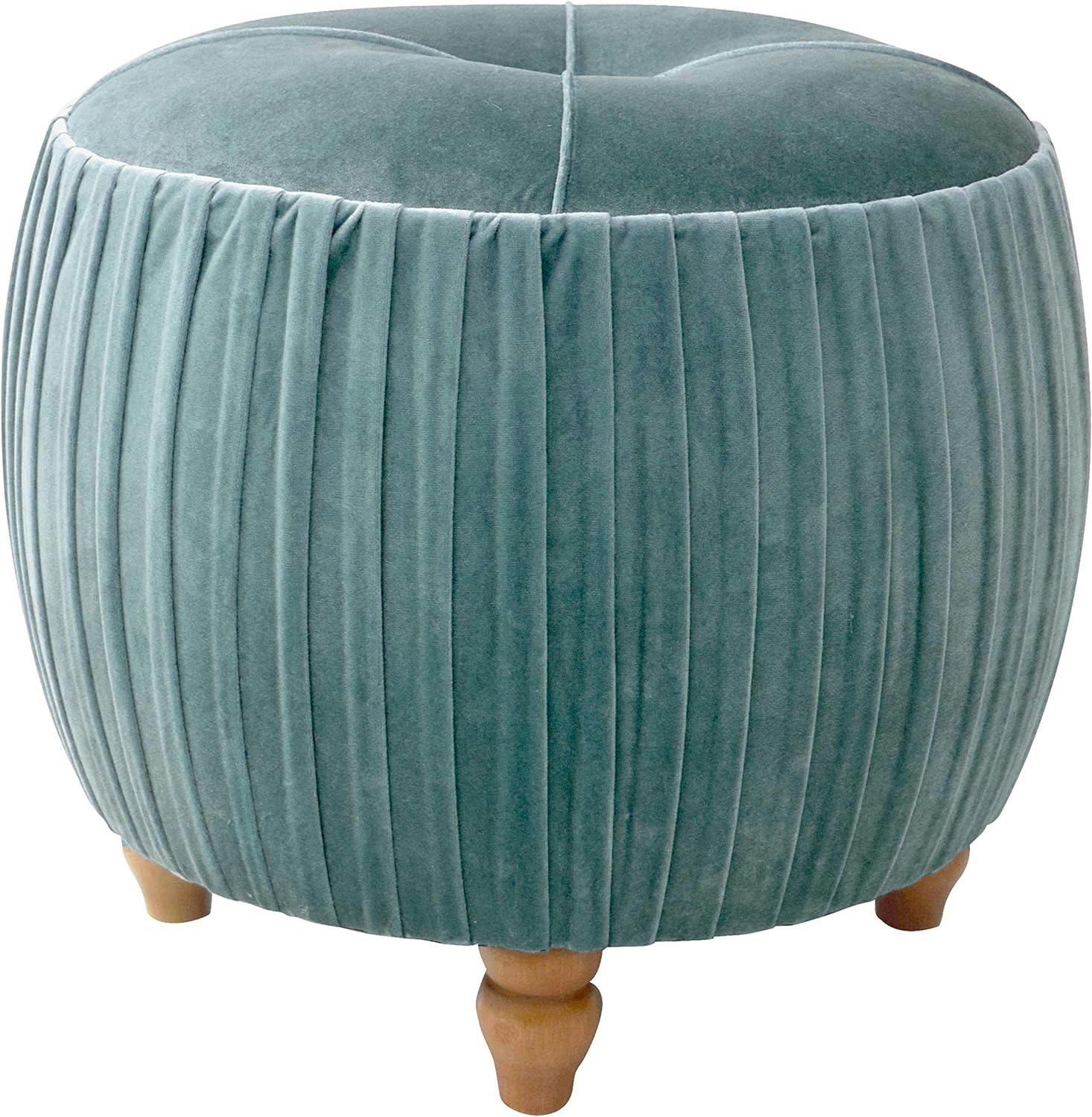 Helena Emerald Green Velvet Tufted Round Ottoman with Natural Wood Legs