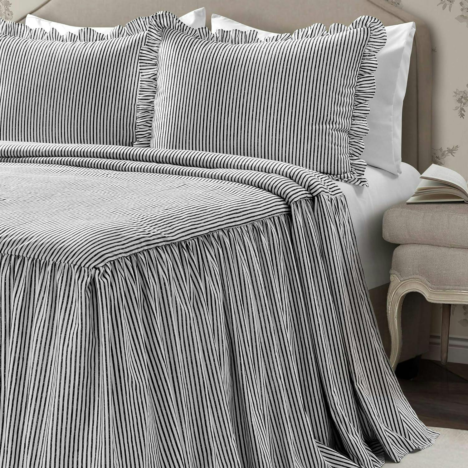Elegant Black Ruffle-Edged Queen Bedspread Set with Pinstripes