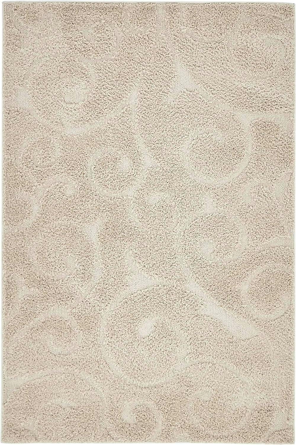 Elegant Beige Floral Shag Area Rug, 4' x 6', Easy Care Synthetic