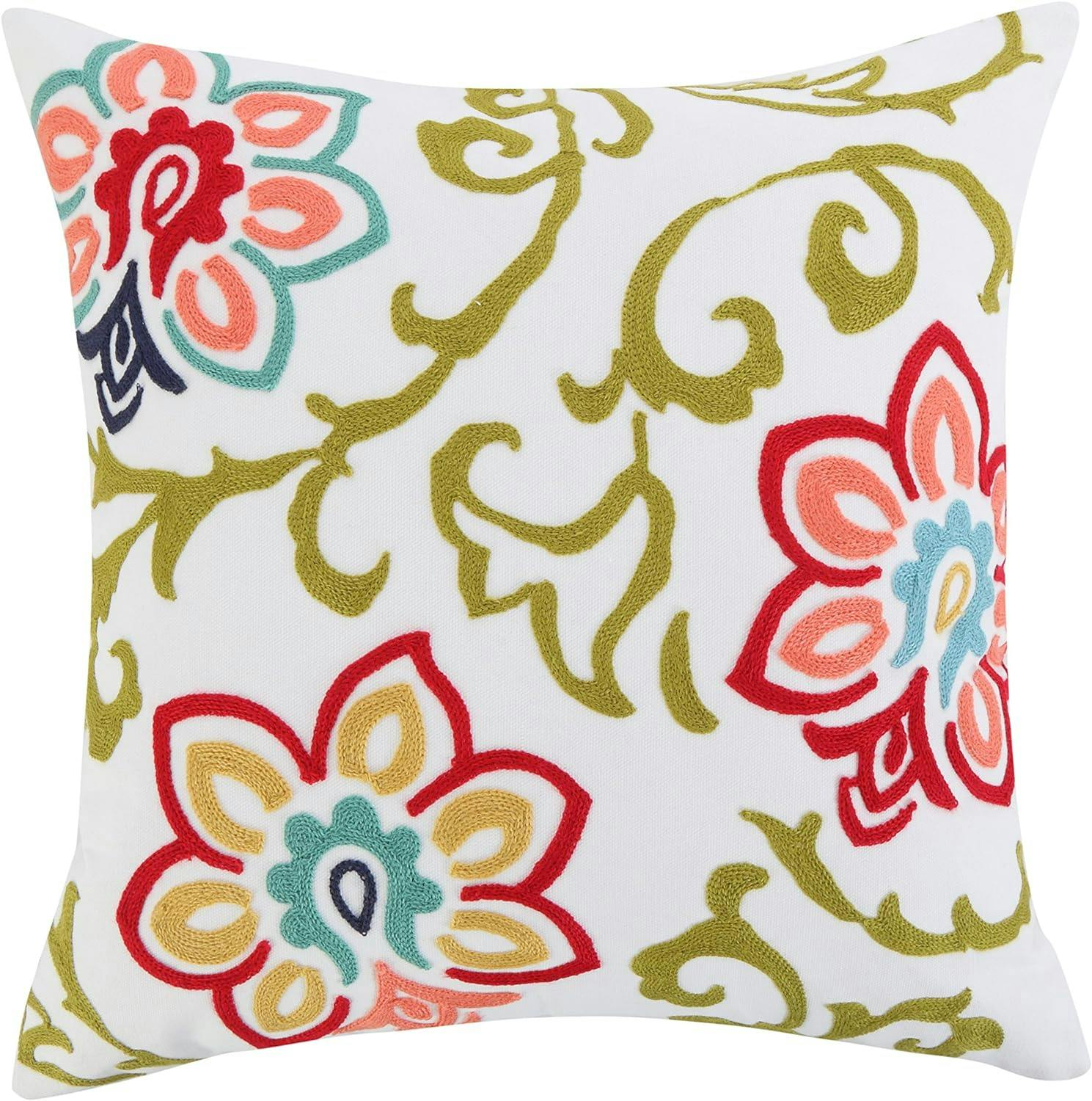 Clementine Vibrant Embroidered Floral Square Pillow 18x18in