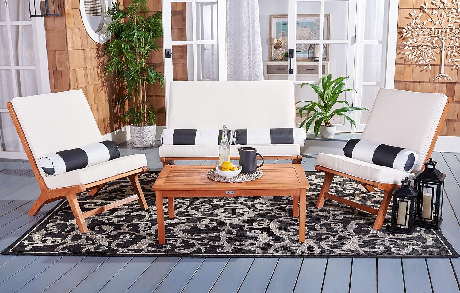 Sao Paulo Inspired 4-Piece Outdoor Living Set with Black & White Accent Pillows