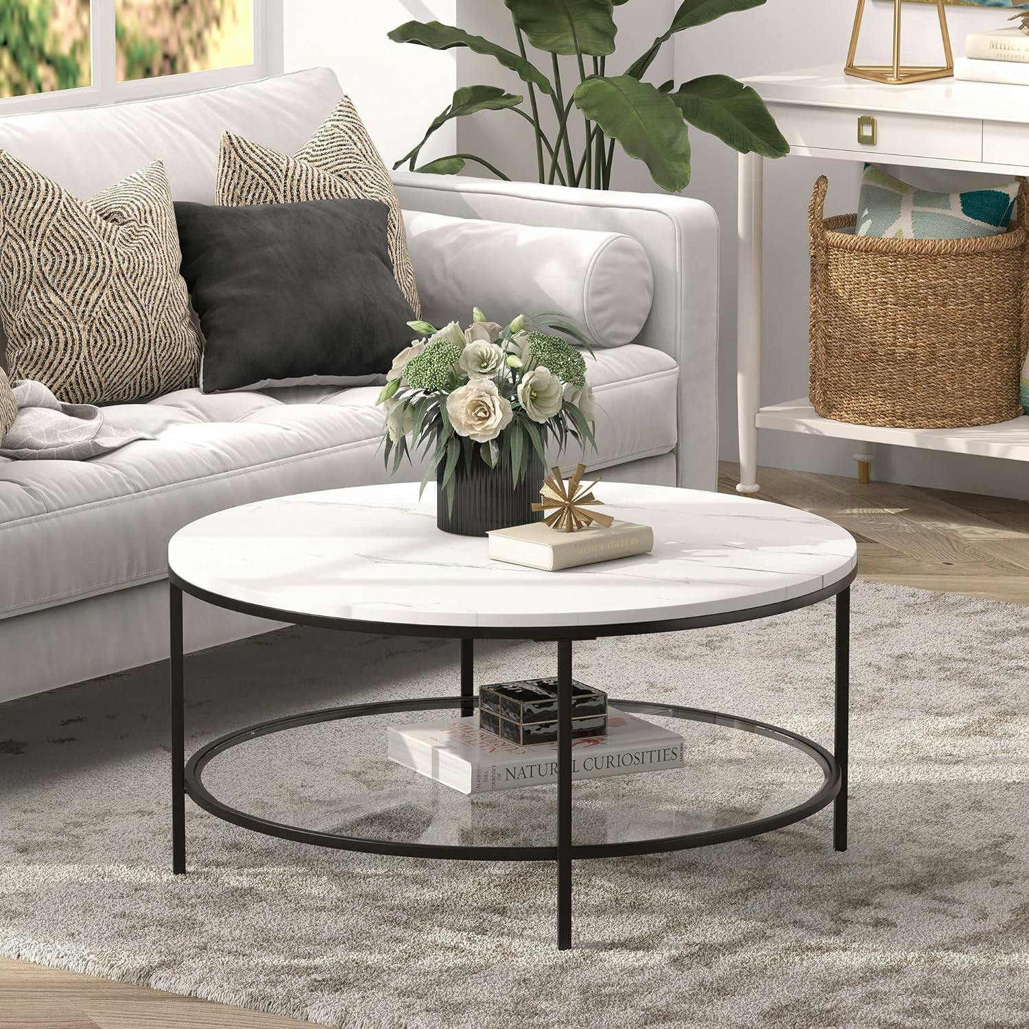 Modern Elegance 36" Faux Marble Round Coffee Table in Blackened Bronze