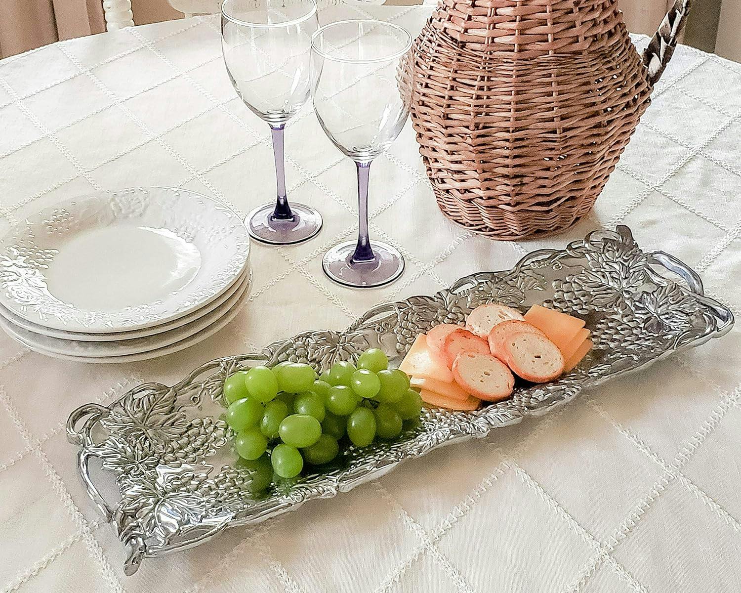Elegant Mediterranean Polished Aluminum Oval Serving Tray with Grape Design