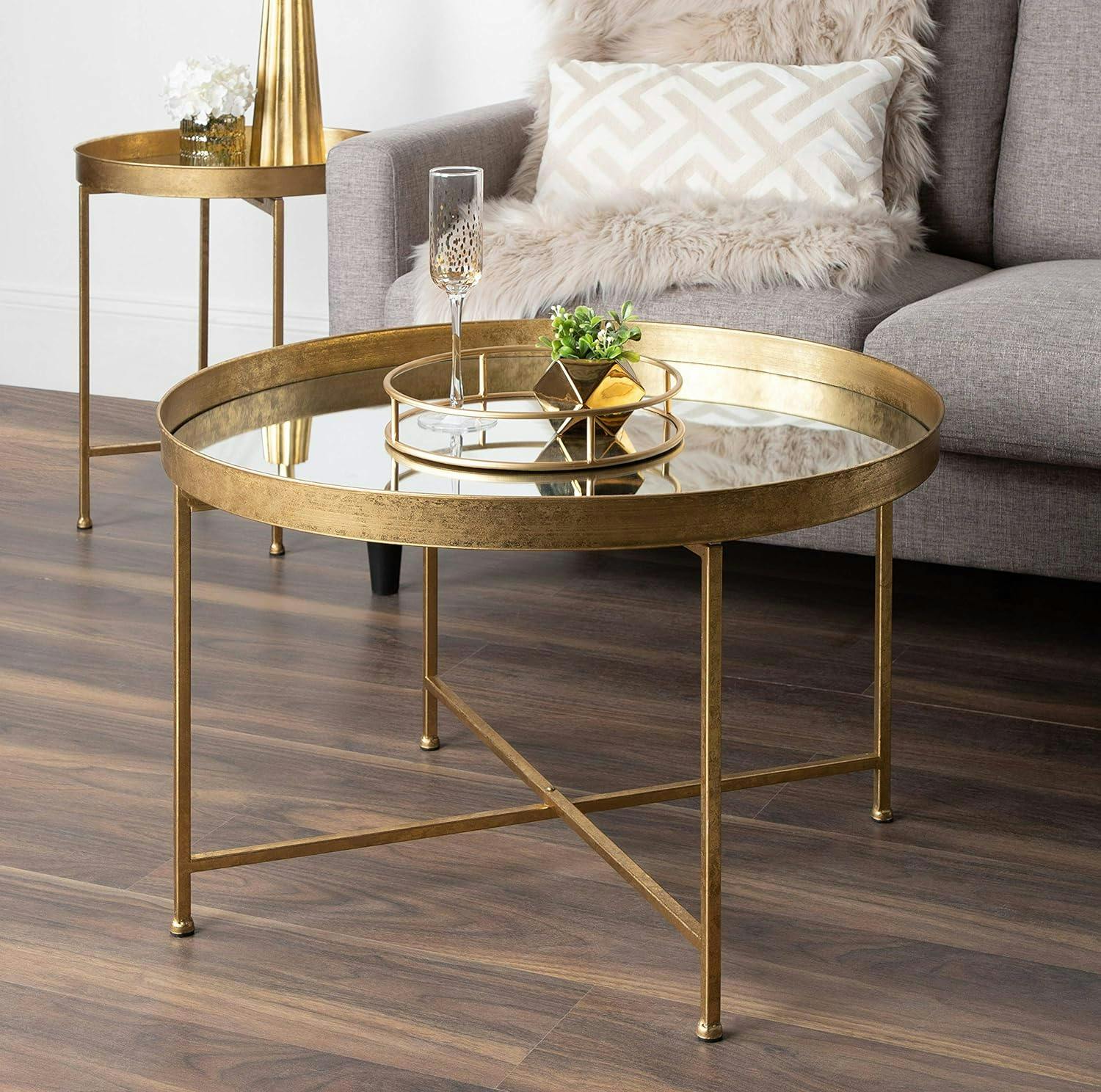Luxurious Gold and Mirrored Round Wood Coffee Table