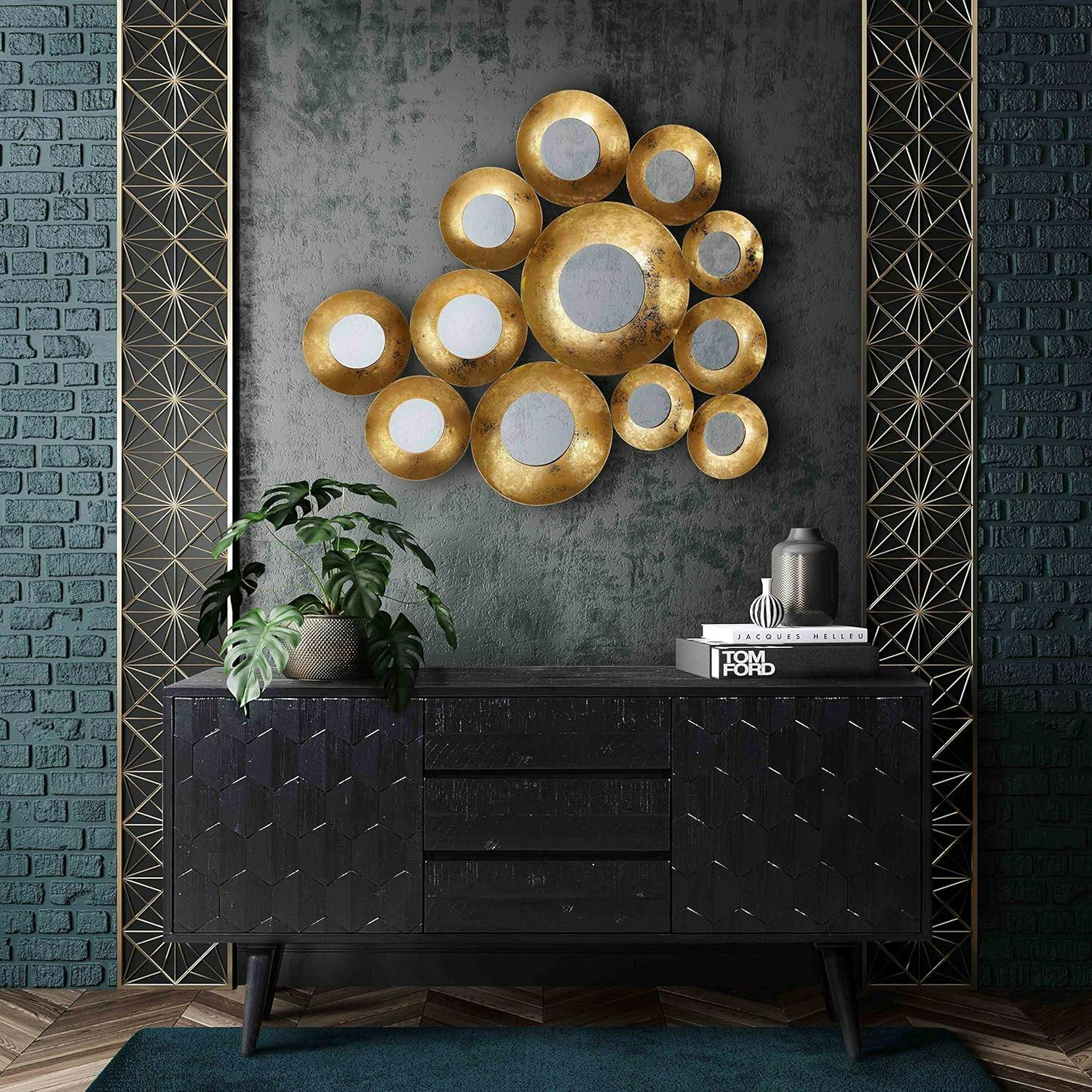 Contemporary Vivid Gold Clustered Round Wall Mirror, 29"