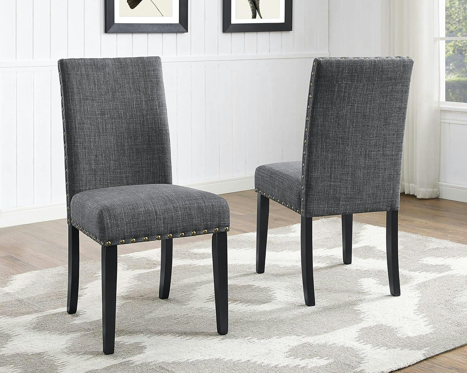 Contemporary Gray Linen Upholstered Dining Chair with Black Wood Legs, Set of 2