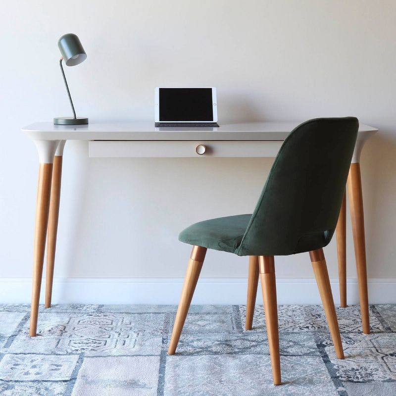 Scandinavian Off-White & Cinnamon Wood Desk with Tech Organizer Drawer