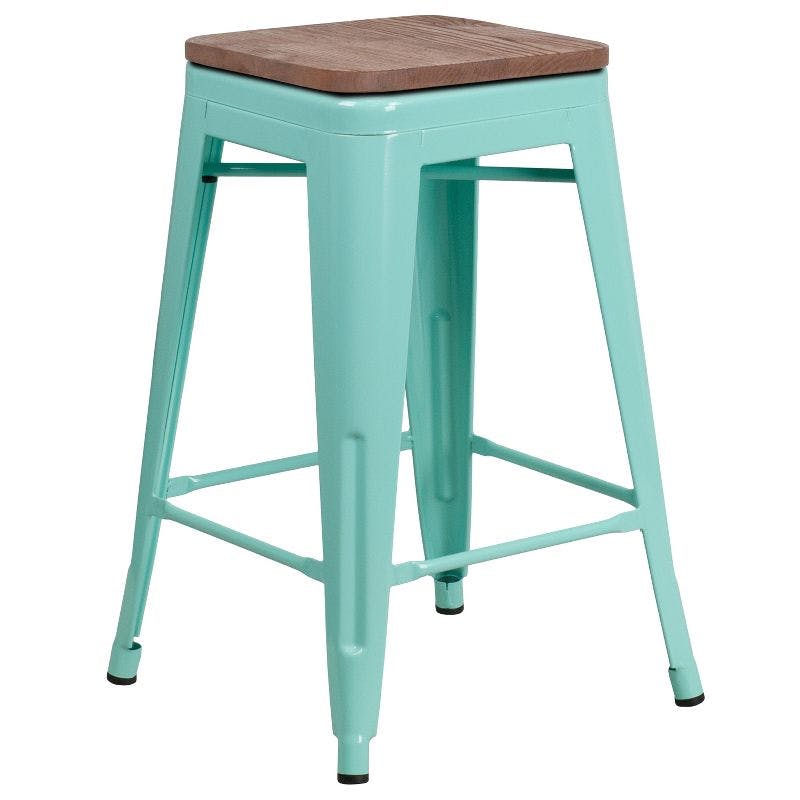 24" Backless Mint Green Metal and Brown Wood Counter Stool