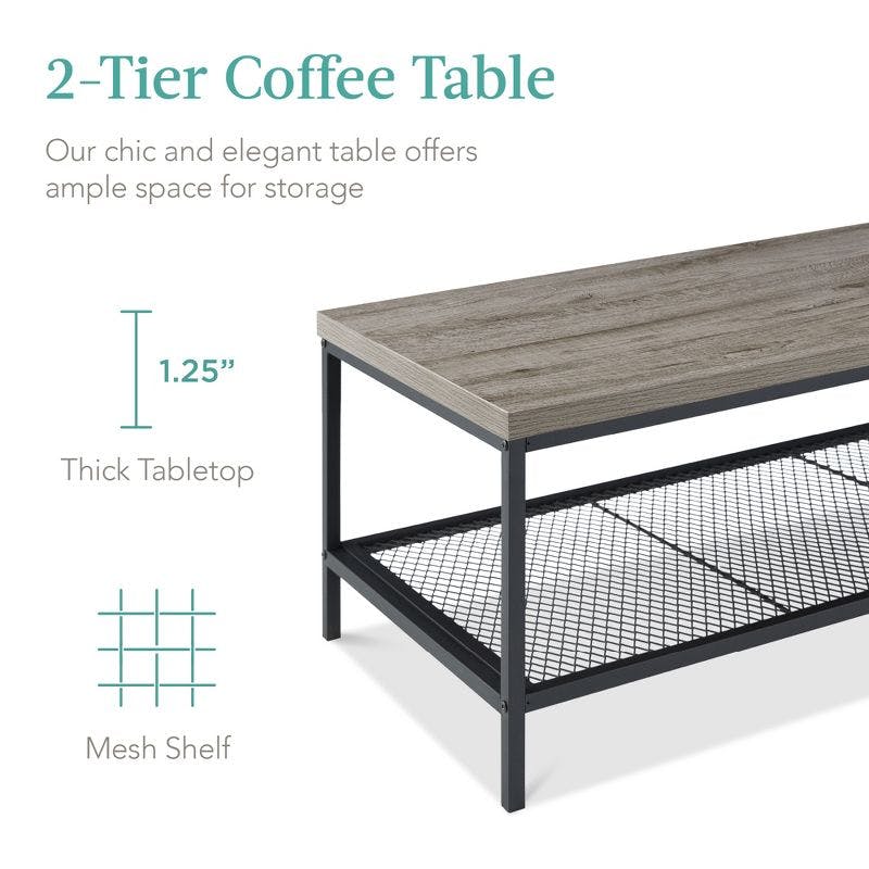 Modern Industrial Rectangular Wood and Metal Coffee Table with Mesh Shelf