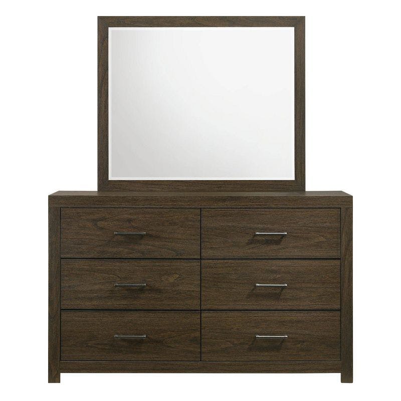 Rustic Hendrix Walnut 6-Drawer Dresser with Black Felt-Lined Drawers and Mirror
