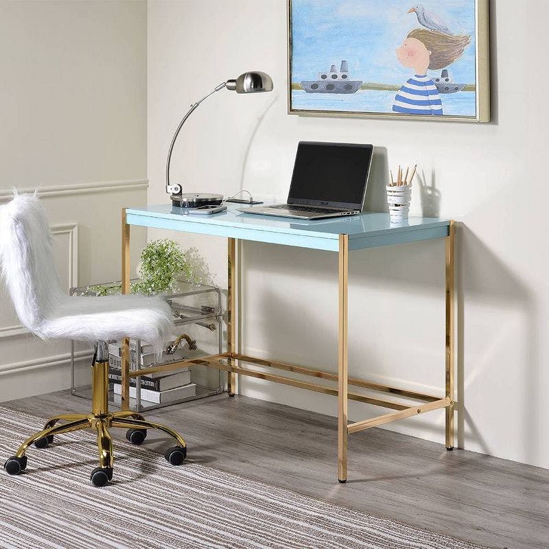 Elegant Baby Blue & Gold Writing Desk with USB & Filing Cabinet