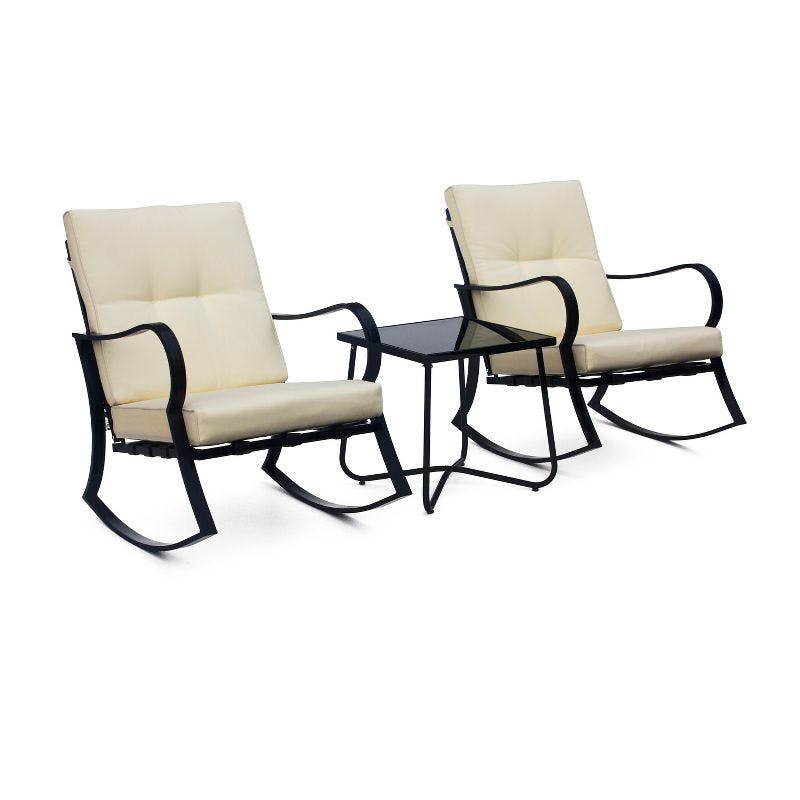 Contemporary 2-Person Outdoor Rocking Chair Set with Silk Printed Glass Table - Off White