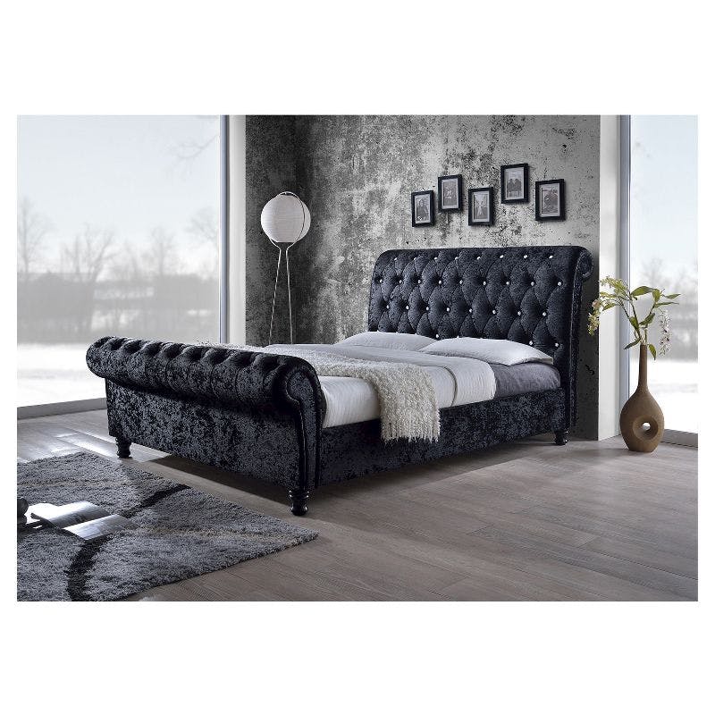 Elegant Black Velvet Queen Platform Bed with Crystal-Button Tufting