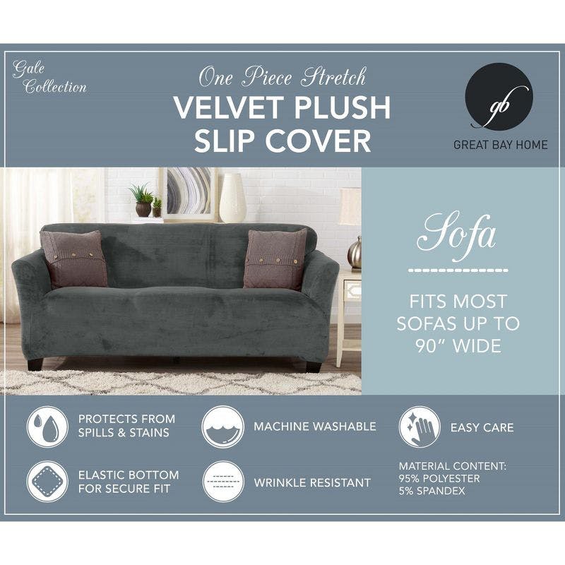Gale Collection Wild Dove Grey Velvet-Plush Stretch Sofa Slipcover