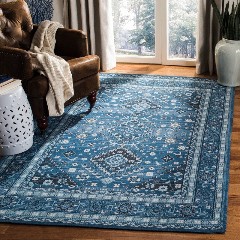 Classic Vintage Blue Charcoal Flat Woven Cotton Area Rug - 4' x 6'
