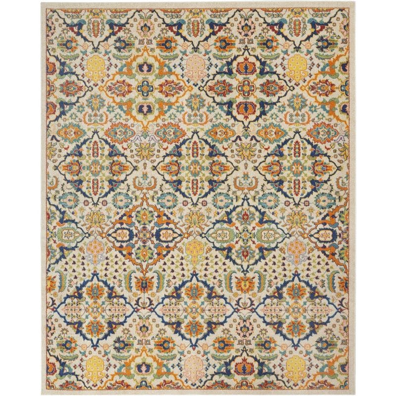 Ivory and Jewel Tones Boho Floral 8'x10' Synthetic Area Rug