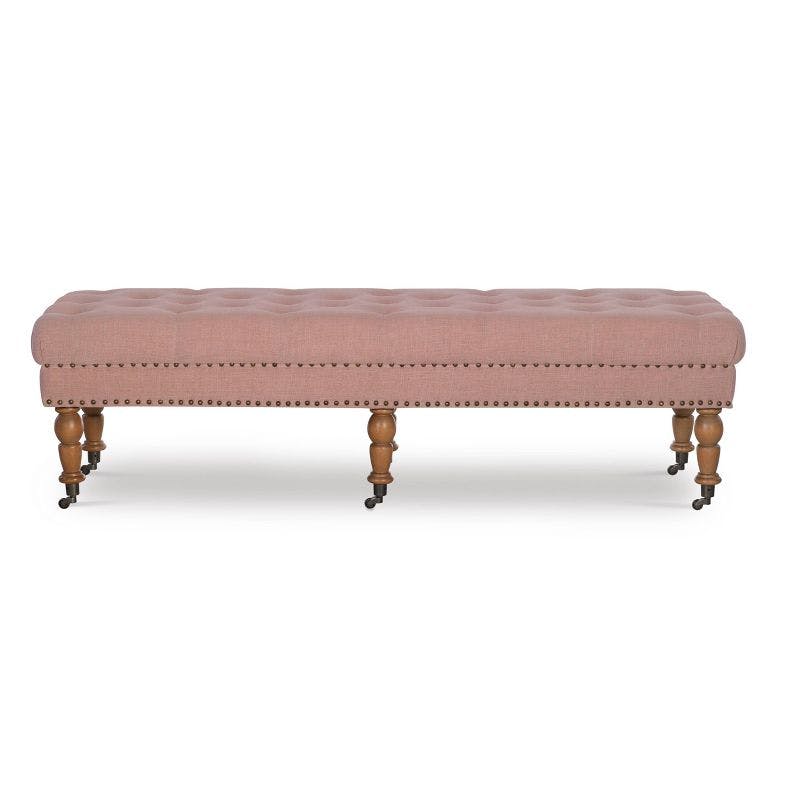 Isabelle Washed Pink Linen 62" Tufted Bench with Bronze Nailheads