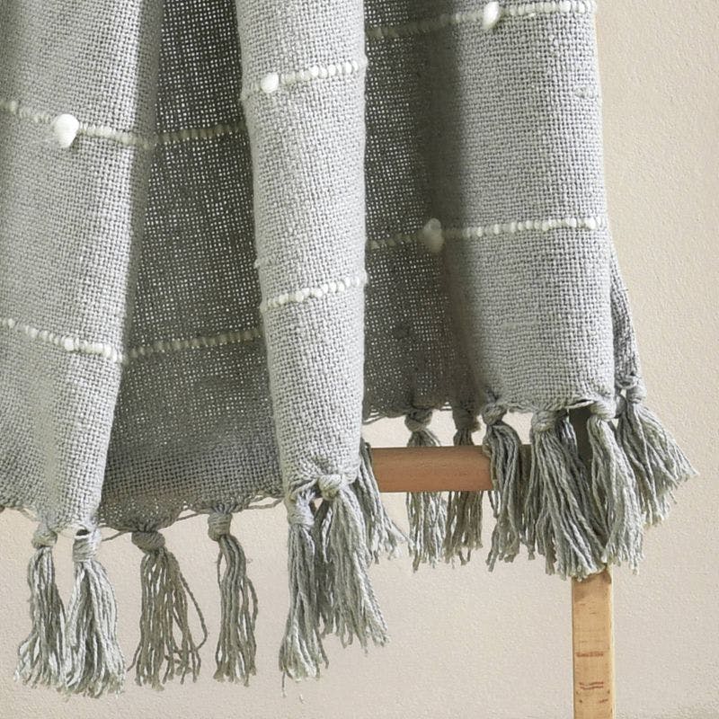 Boho Chic Light Gray Tufted Cotton Throw with Fringes - 50"x60"