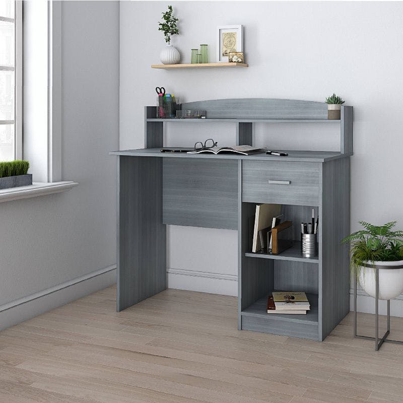 Modern Gray Heavy-duty MDF Office Desk with Hutch and Drawer