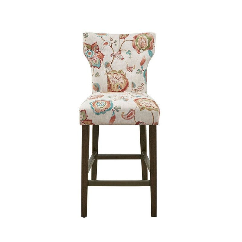 Chic Saffron Floral Print Tufted Counter Stool with Bronze Kickplate