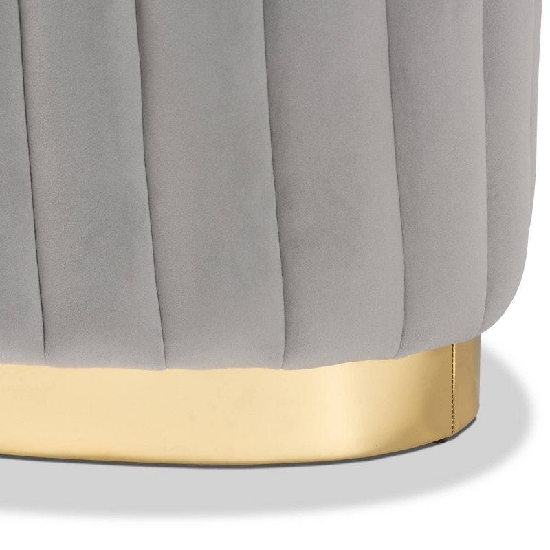 Kirana Gold-Tone PU Leather and Grey Velvet Tufted Ottoman