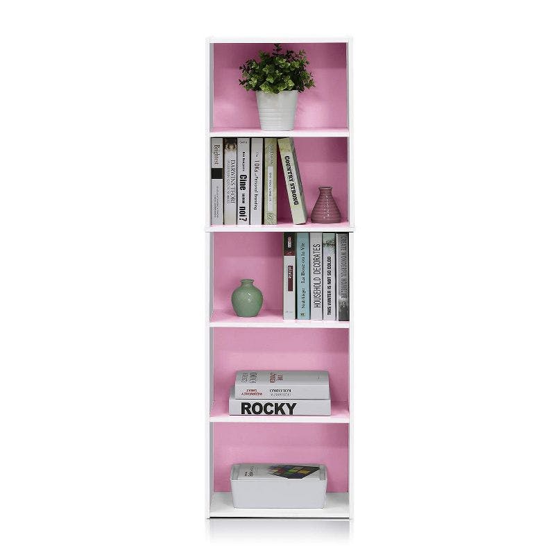 Contemporary 5-Tier Laminated Wood Bookcase in White & Pink
