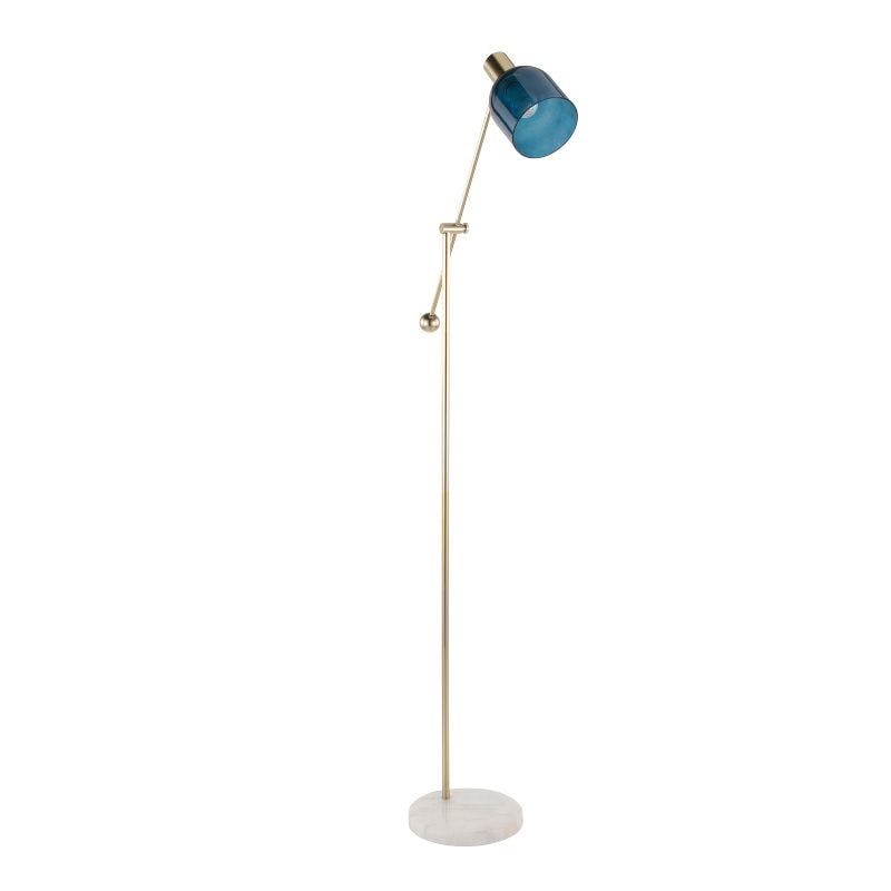 Marcel 73" Contemporary White Marble & Gold Metal Floor Lamp with Blue Glass Shade