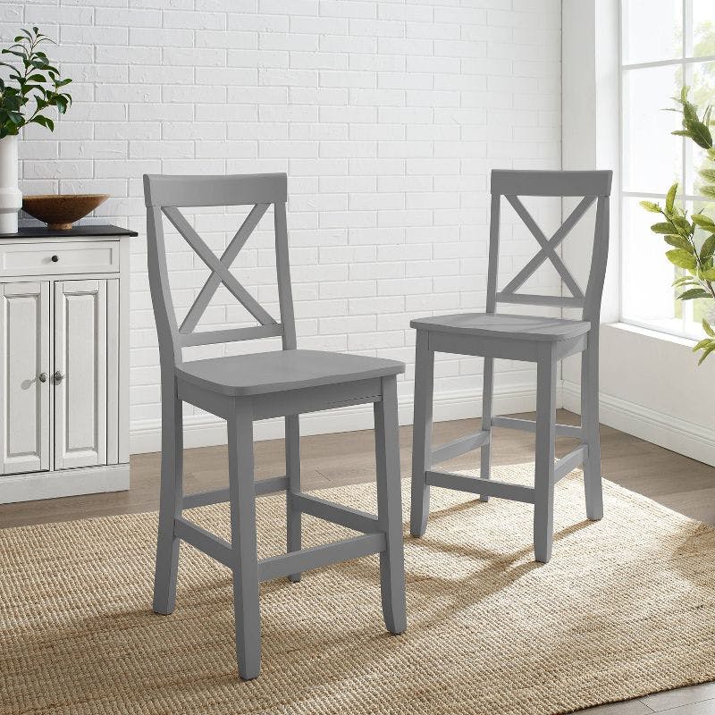 Curved X-Back Gray Wood Counter Stool Set, 24-inch - 2 Pieces