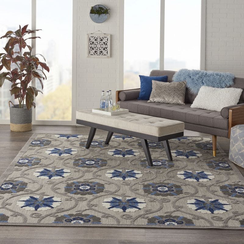 Aloha Floral Blue/Grey Synthetic 9'6" x 13' Indoor/Outdoor Rug
