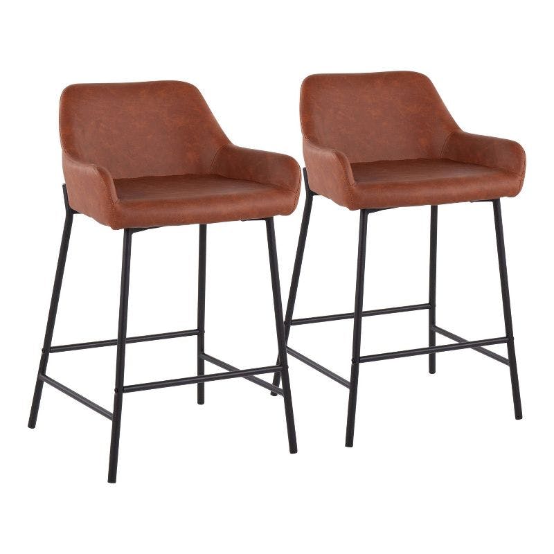 Daniella 33" Industrial Black Metal and Camel Faux Leather Counter Stools, Set of 2