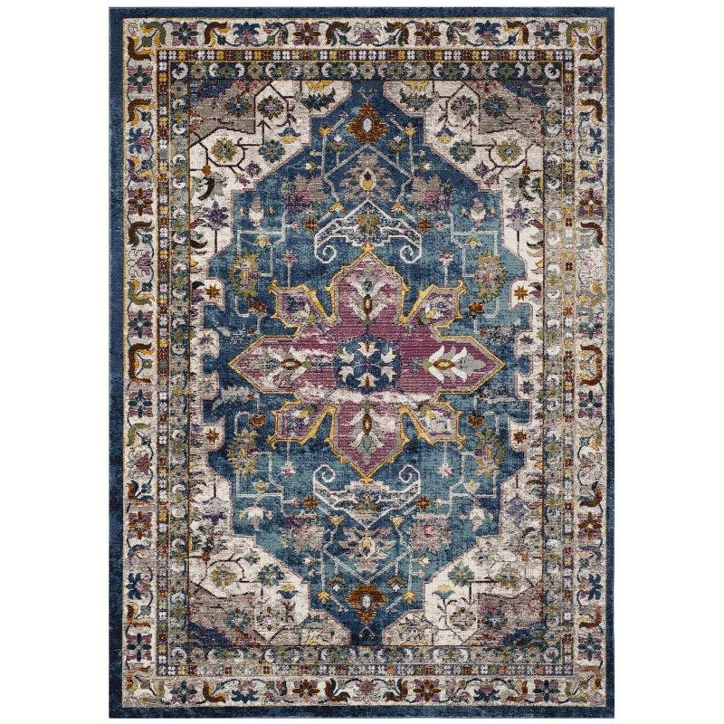 Reversible Easy Care Blue and Cream Synthetic 9' x 12' Area Rug