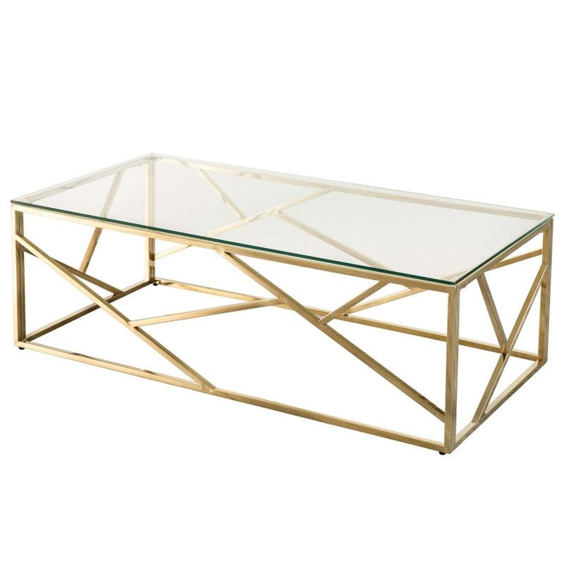 Elegant Gold Rectangular Glass & Stainless Steel Modern Coffee Table