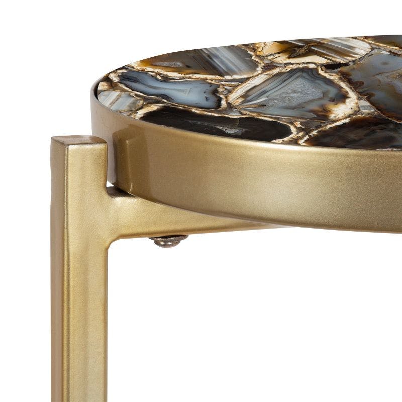 Elegant Gold Metal and Black Agate Drink Table, 11.5" x 25.5"