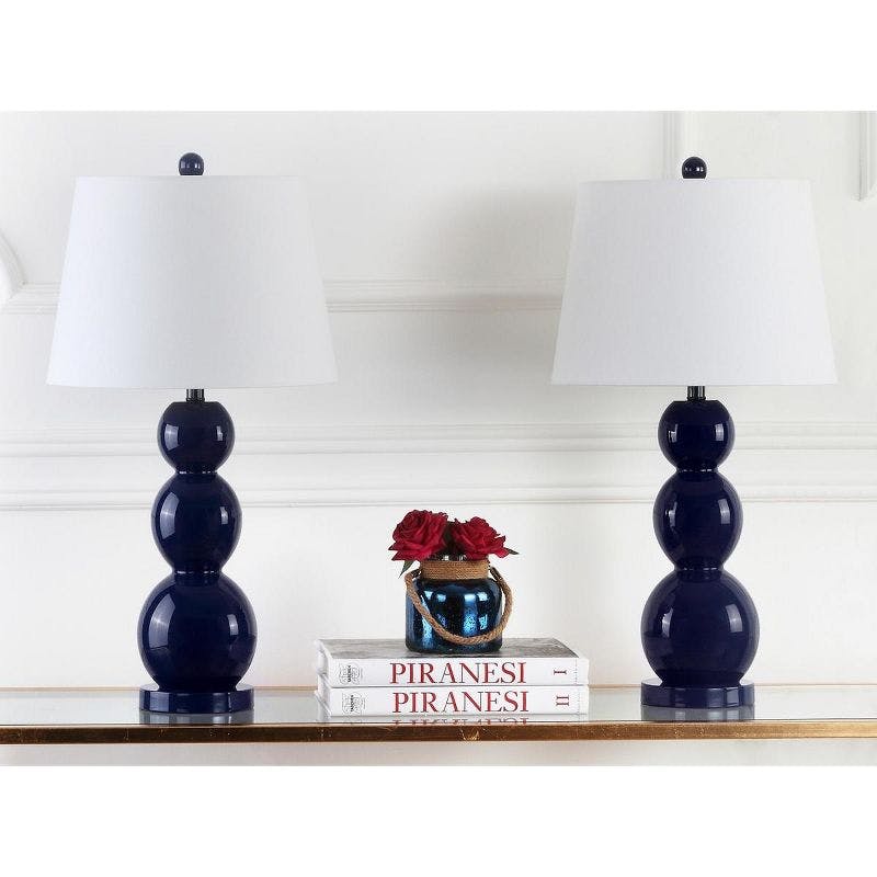 Elegant Navy Glass Table Lamp Set with Graduated Orbs and Off-White Shade