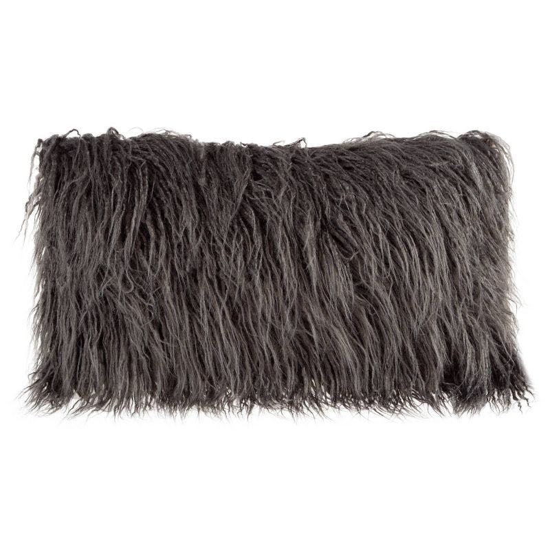 Luxurious Dark Gray Mongolian Faux Fur 20'' Lumbar Pillow