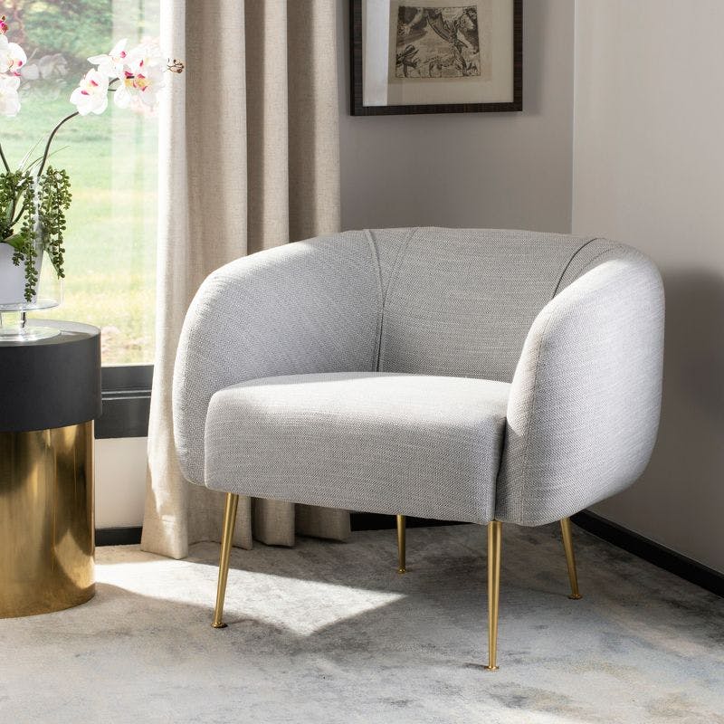 Alena Transitional Barrel Accent Chair in Light Grey with Gold Legs