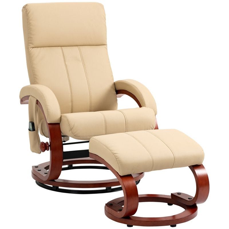 Beige Faux Leather Swivel Recliner with Massage & Ottoman