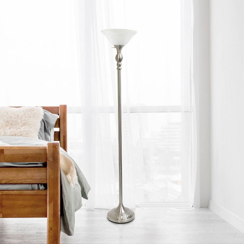 Elegant Brushed Nickel Torchiere Floor Lamp with Marbleized White Glass Shade