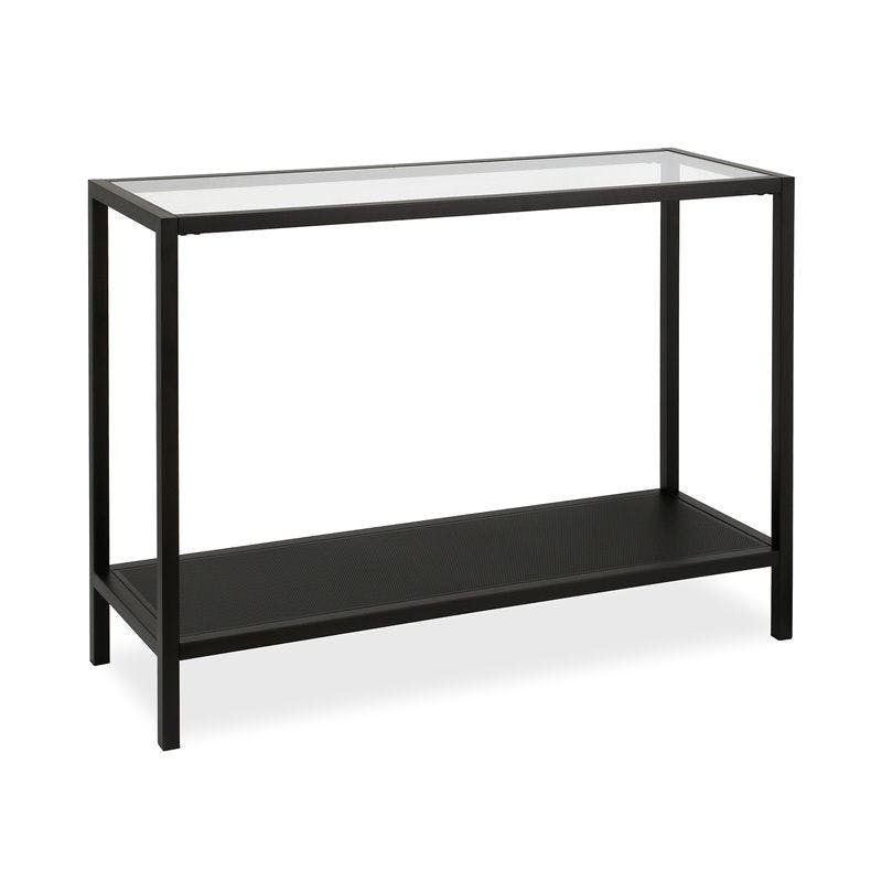 Modern Industrial Blackened Bronze Console Table with Tempered Glass Shelves