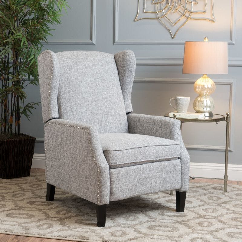 Handcrafted Light Grey Tweed Wingback Recliner with Studded Accents