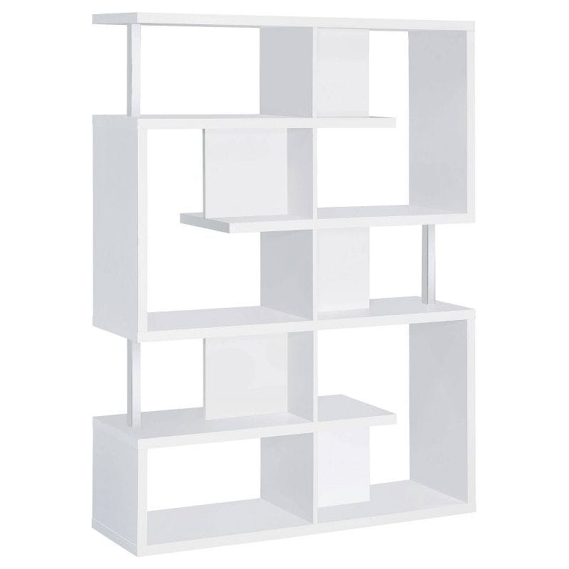 Modern White Zig Zag 5-Tier Bookcase with Chrome Accents