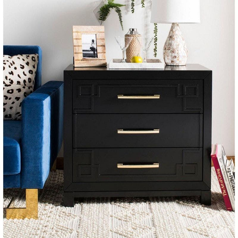 Transitional Black and Gold 3-Drawer Chest with Carved Details