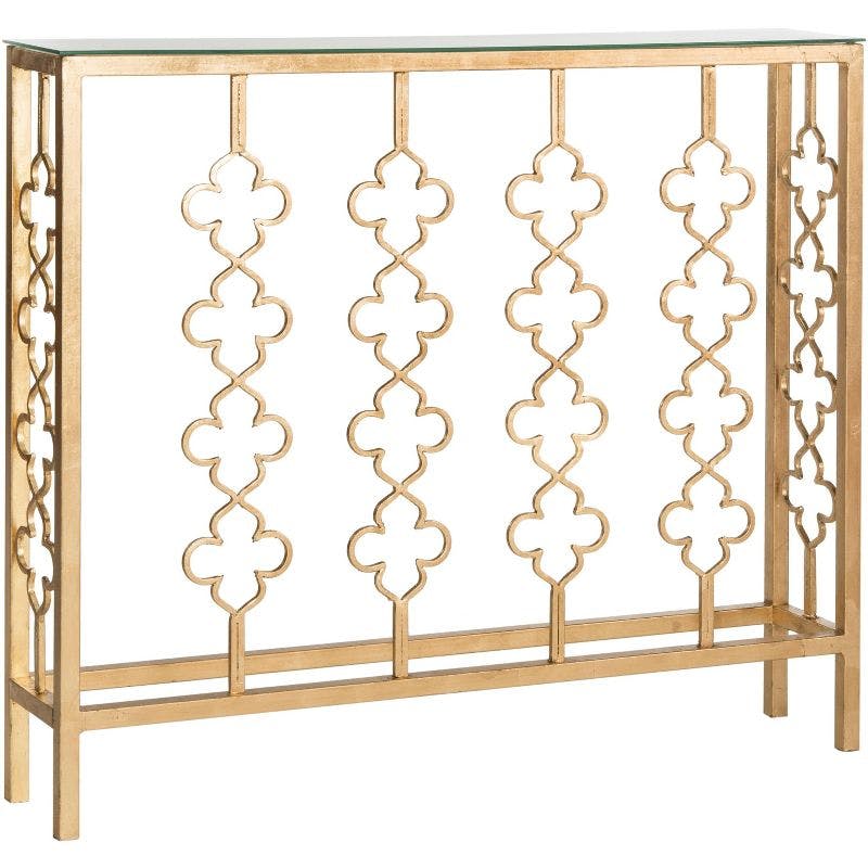 Elegant Gold Leaf Quatrefoil Console Table with Clear Glass Top