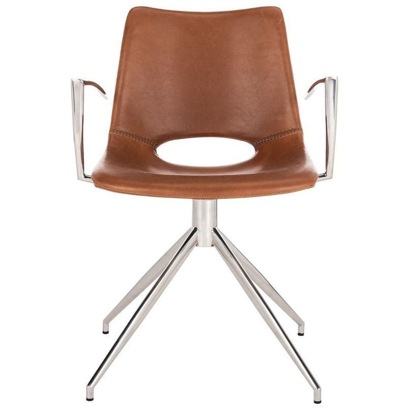 Dawn 32'' Mid-Century Modern Leather Swivel Arm Chair in Light Brown & Stainless Steel