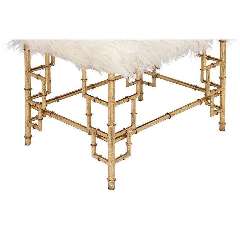 Chic Gold Metal & White Faux Fur Accent Stool