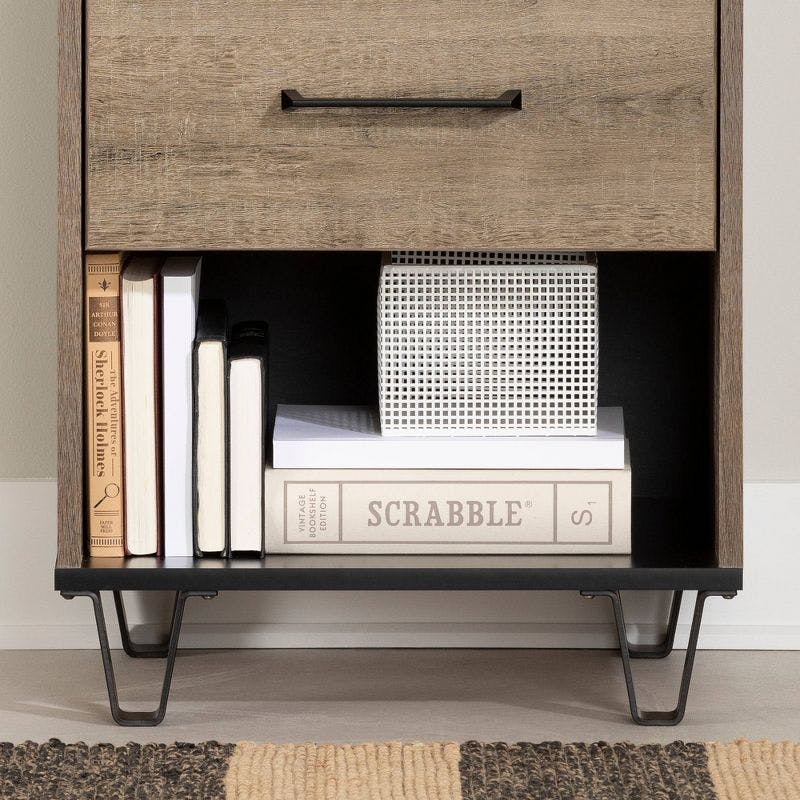 Arlen Weathered Oak 1-Drawer Nightstand with Matte Black Accents