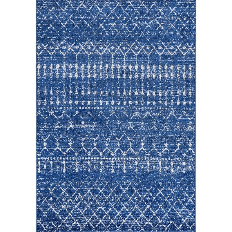 Distressed Moroccan Trellis 4' Square Blue Synthetic Area Rug