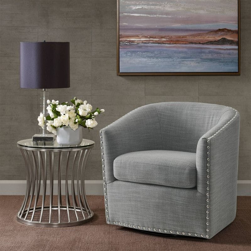 Elegant Gray Barrel Swivel Lounge Chair with Silver Nailheads
